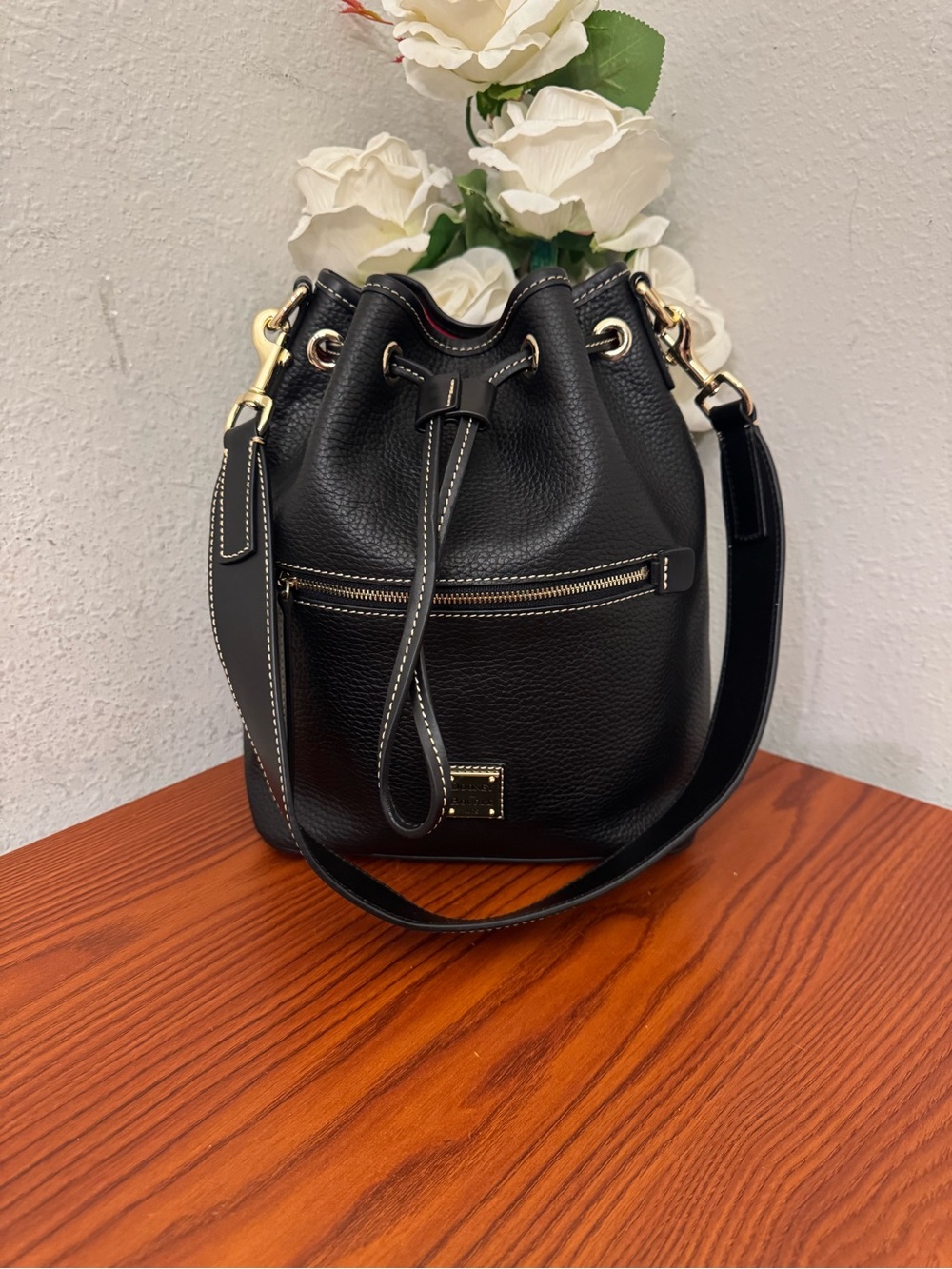 Dooney & Bourke Black Pebbled Leather Drawstring Hobo